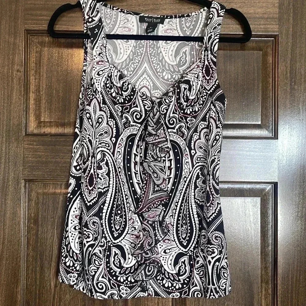 White House Black Market | Dress tank, black with purple and white pattern. sm.